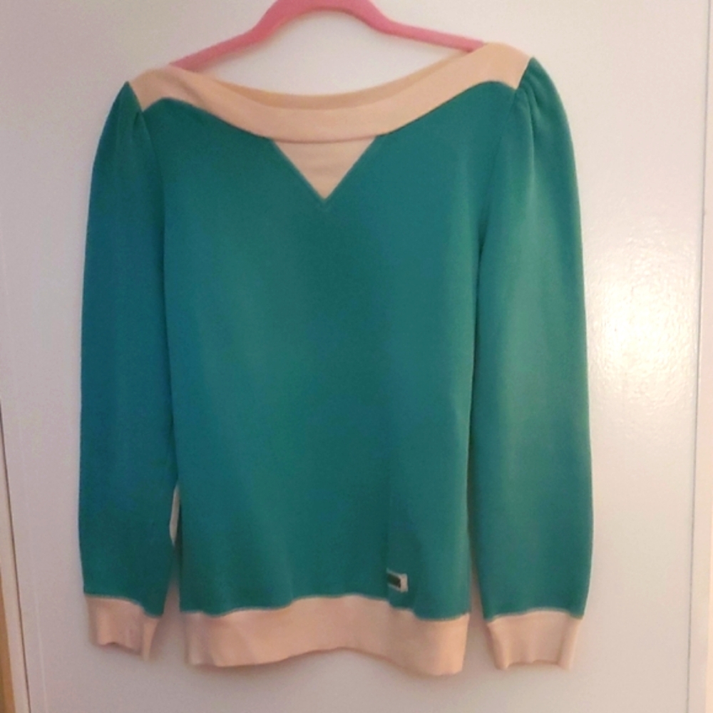 Marc Jacobs Teal and Cream Barely Off-the-Shoulder Sweater